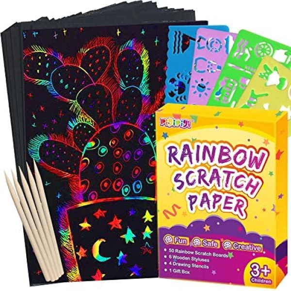 Pigipigi Scratch Paper Art for Kids - 59 Pcs Magic Rainbow Scratch Paper Off Set